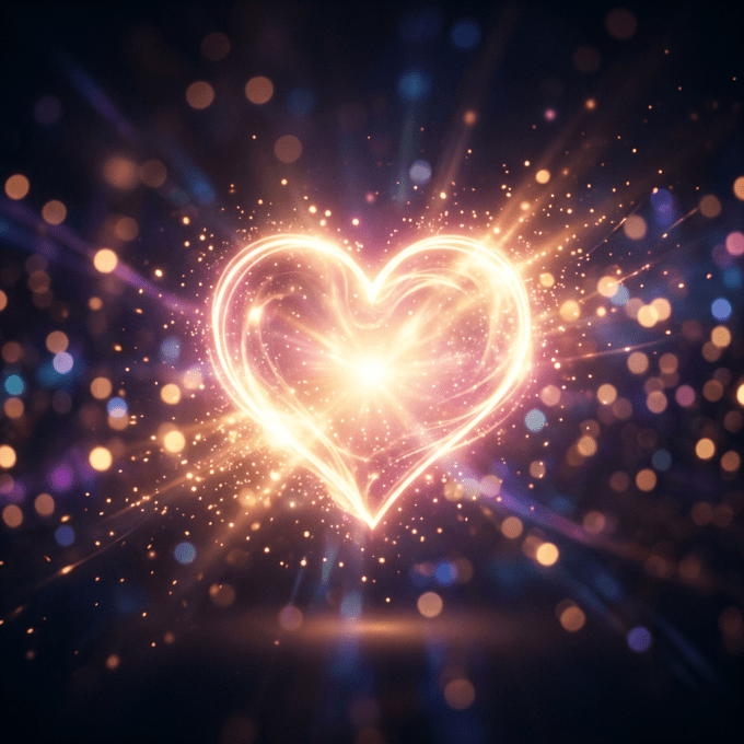 Bright glowing heart shape with golden sparks and light rays on dark background